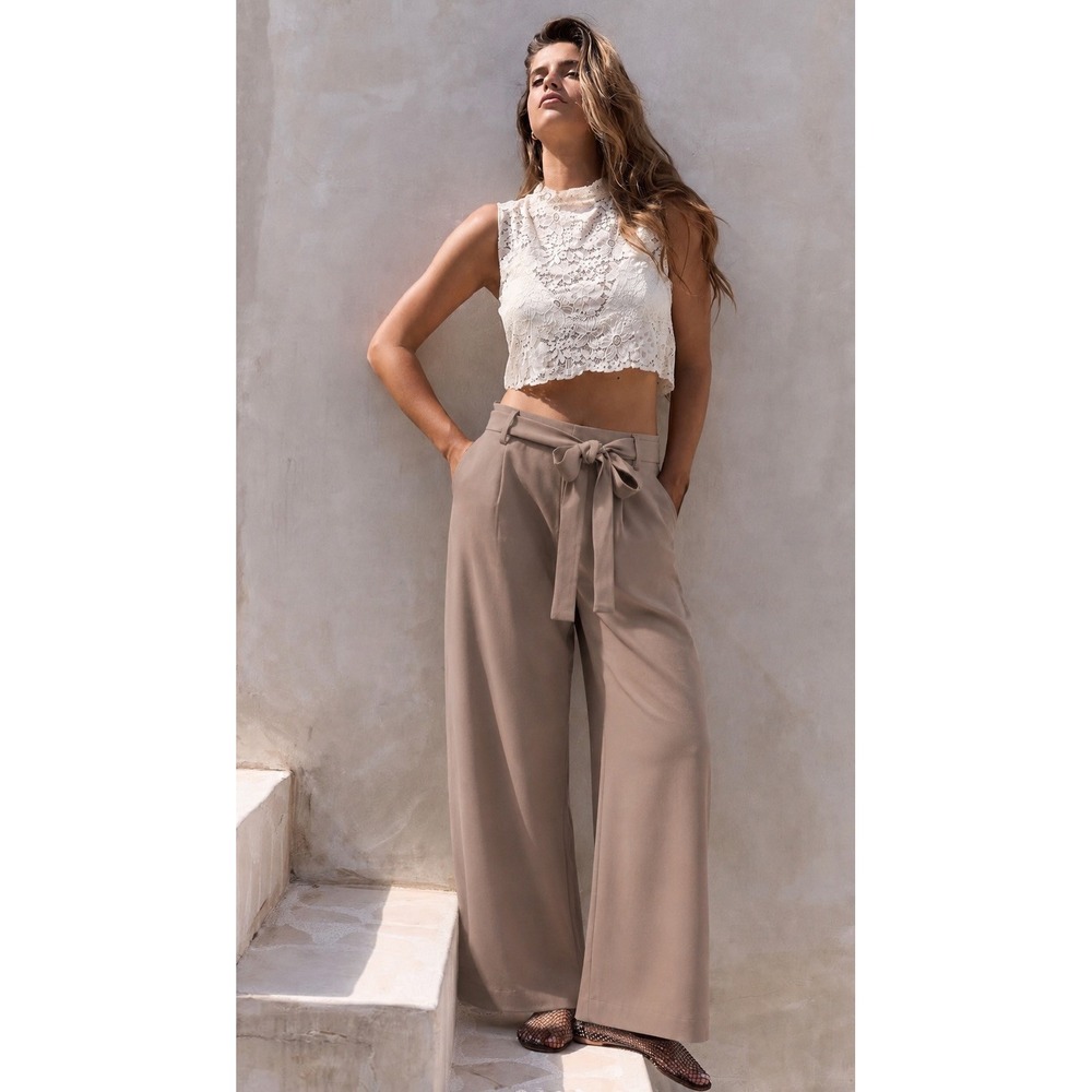 French Connection Whisper Womens Wide Leg Tie Waist Trousers Taupe Brown Size 6
